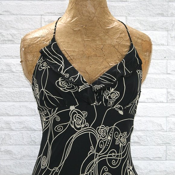 Vintage Y2K RAMPAGE Dress Black Beige Floral Ruffle Cocktail Party Dress Size 3 - Picture 3 of 9